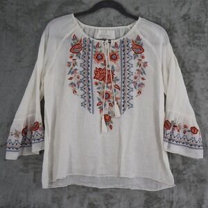 Karyn Seo Embroidered Linen Top Womens XL White Boho Bohemian Cottage NWOT